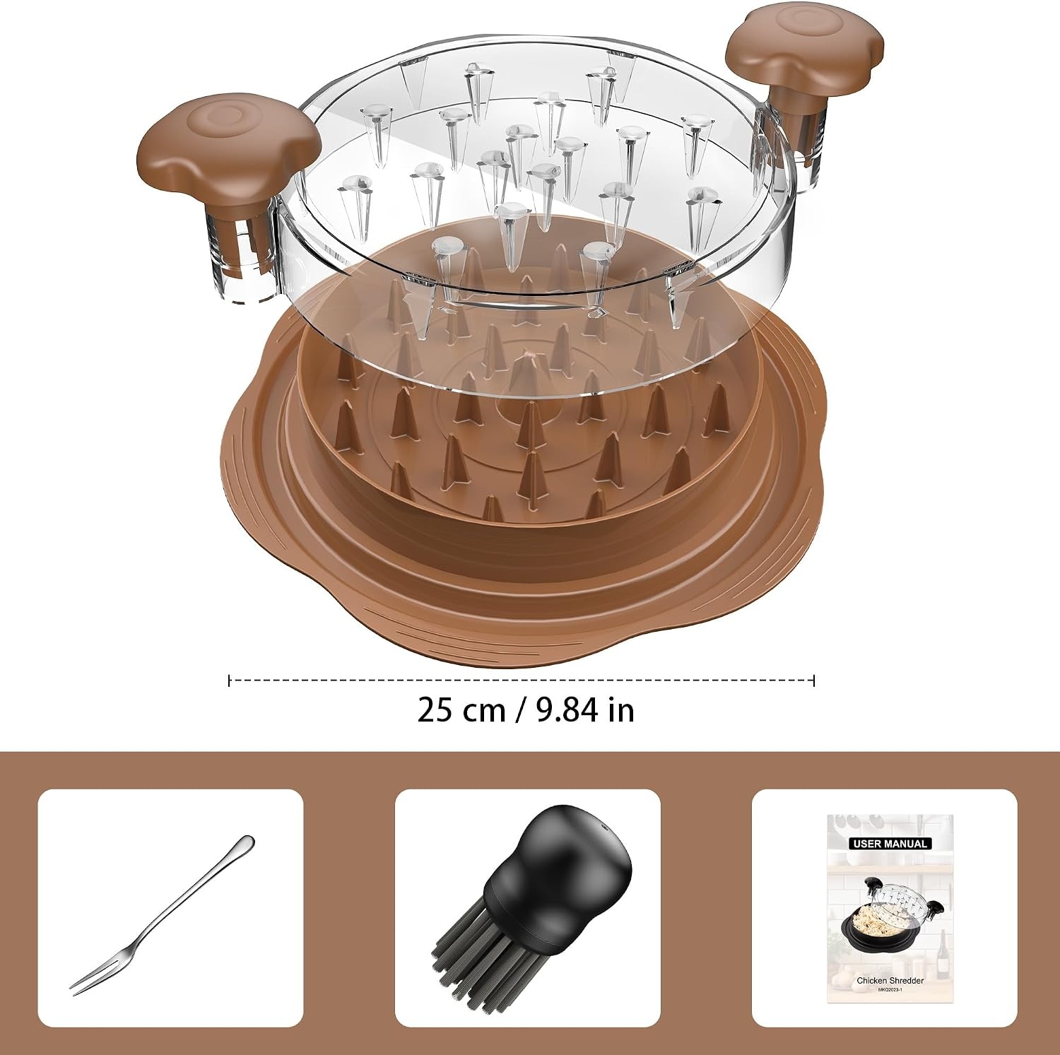 image:imageChicken Shredder Tool Twist Large Meat Shredder with BrushampFork BlackBrown