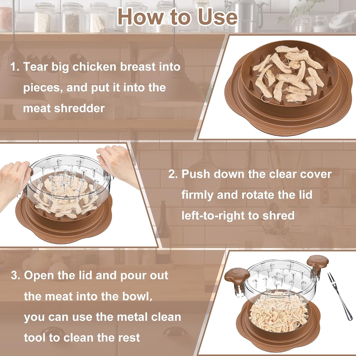 image:imageChicken Shredder Tool Twist Large Meat Shredder with BrushampFork BlackBrown
