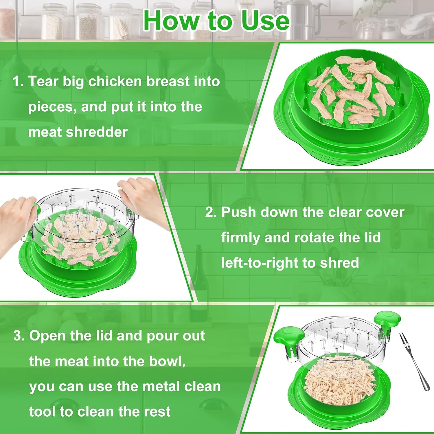 image:imageChicken Shredder Tool Twist Large Meat Shredder with BrushampFork BlackGreen