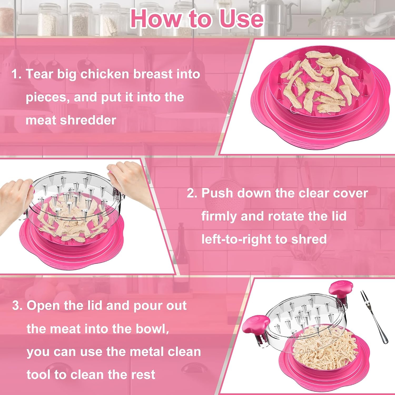 image:imageChicken Shredder Tool Twist Large Meat Shredder with BrushampFork BlackHot Pink