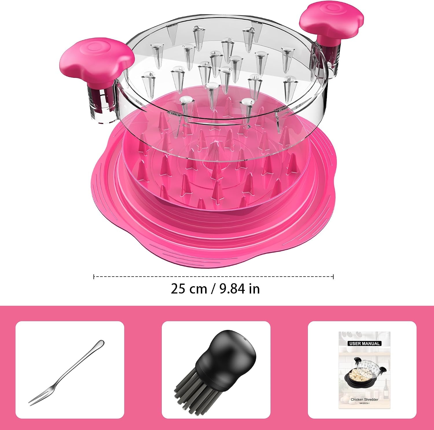 image:imageChicken Shredder Tool Twist Large Meat Shredder with BrushampFork BlackHot Pink