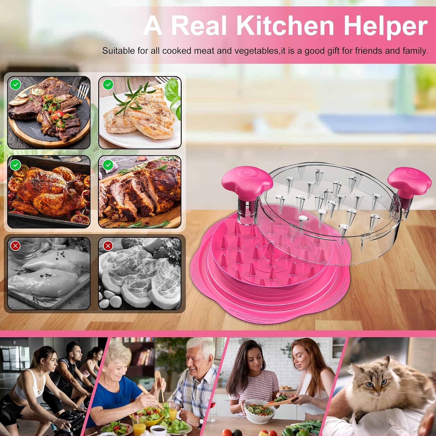 image:imageChicken Shredder Tool Twist Large Meat Shredder with BrushampFork BlackHot Pink