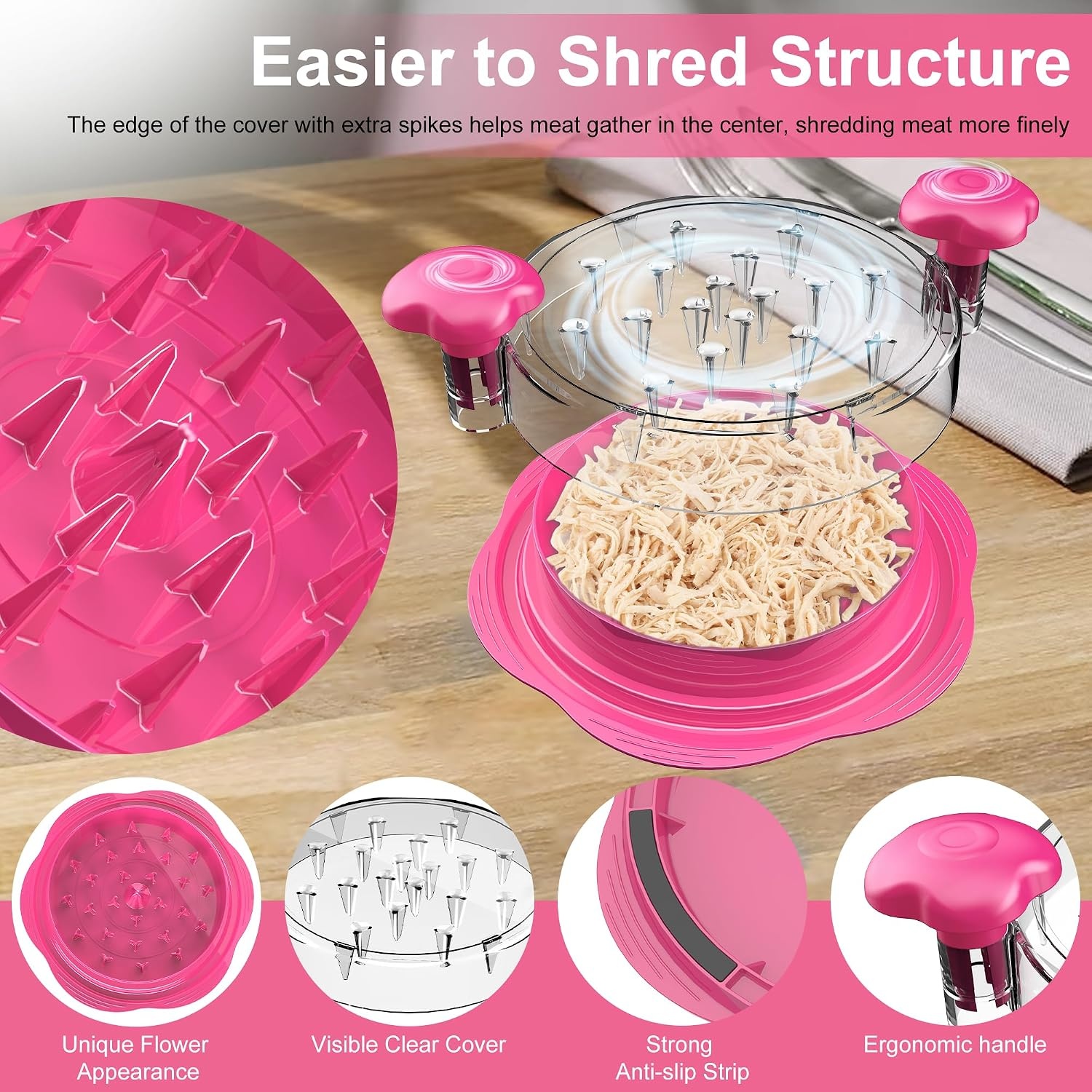 image:imageChicken Shredder Tool Twist Large Meat Shredder with BrushampFork BlackHot Pink