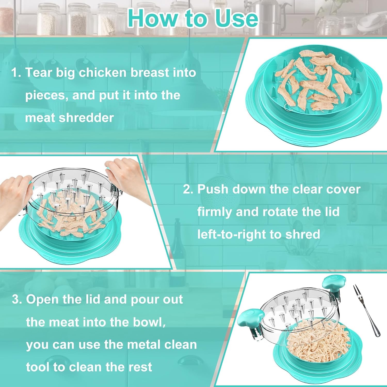 image:imageChicken Shredder Tool Twist Large Meat Shredder with BrushampFork BlackMint Green