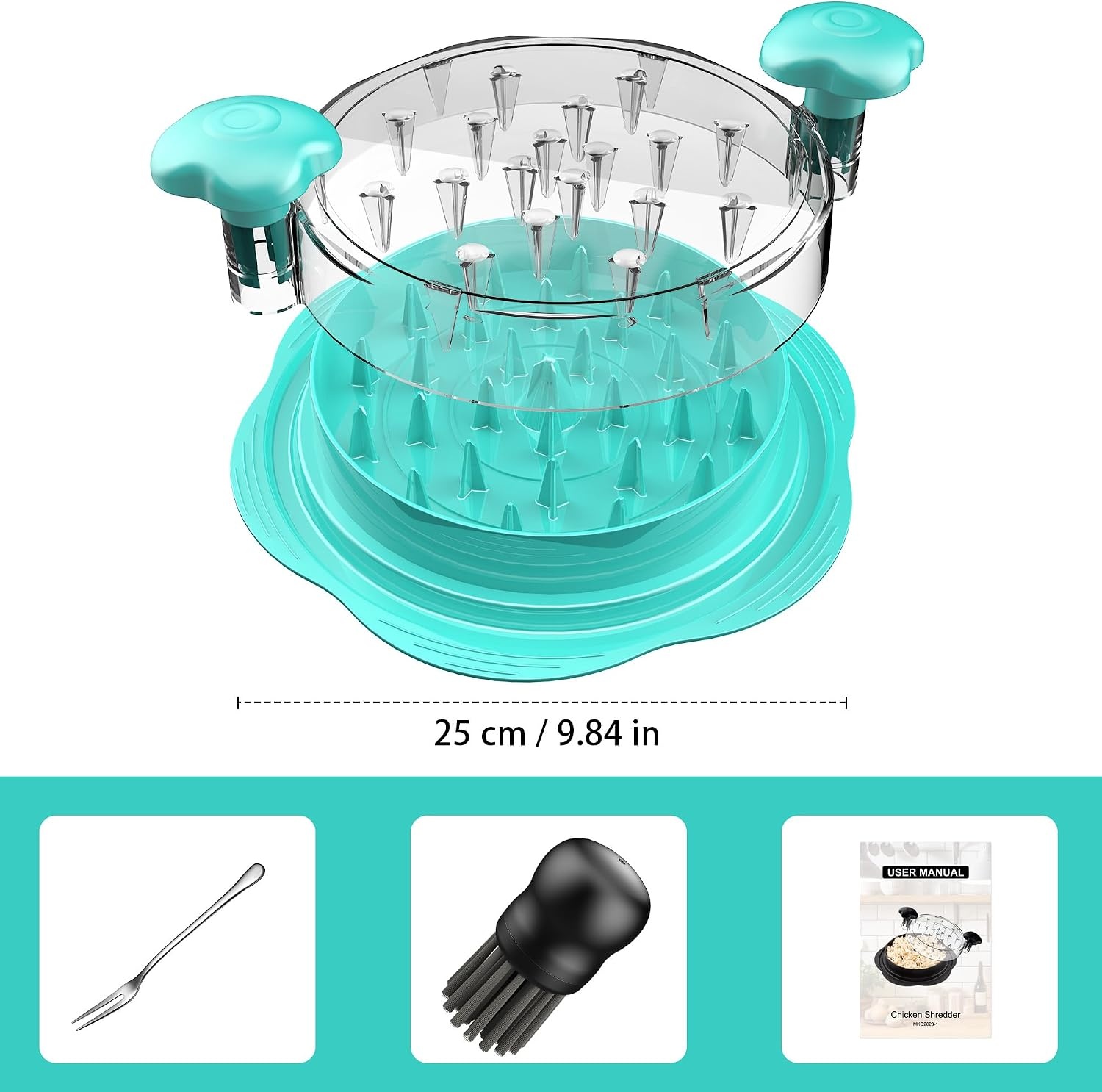 image:imageChicken Shredder Tool Twist Large Meat Shredder with BrushampFork BlackMint Green
