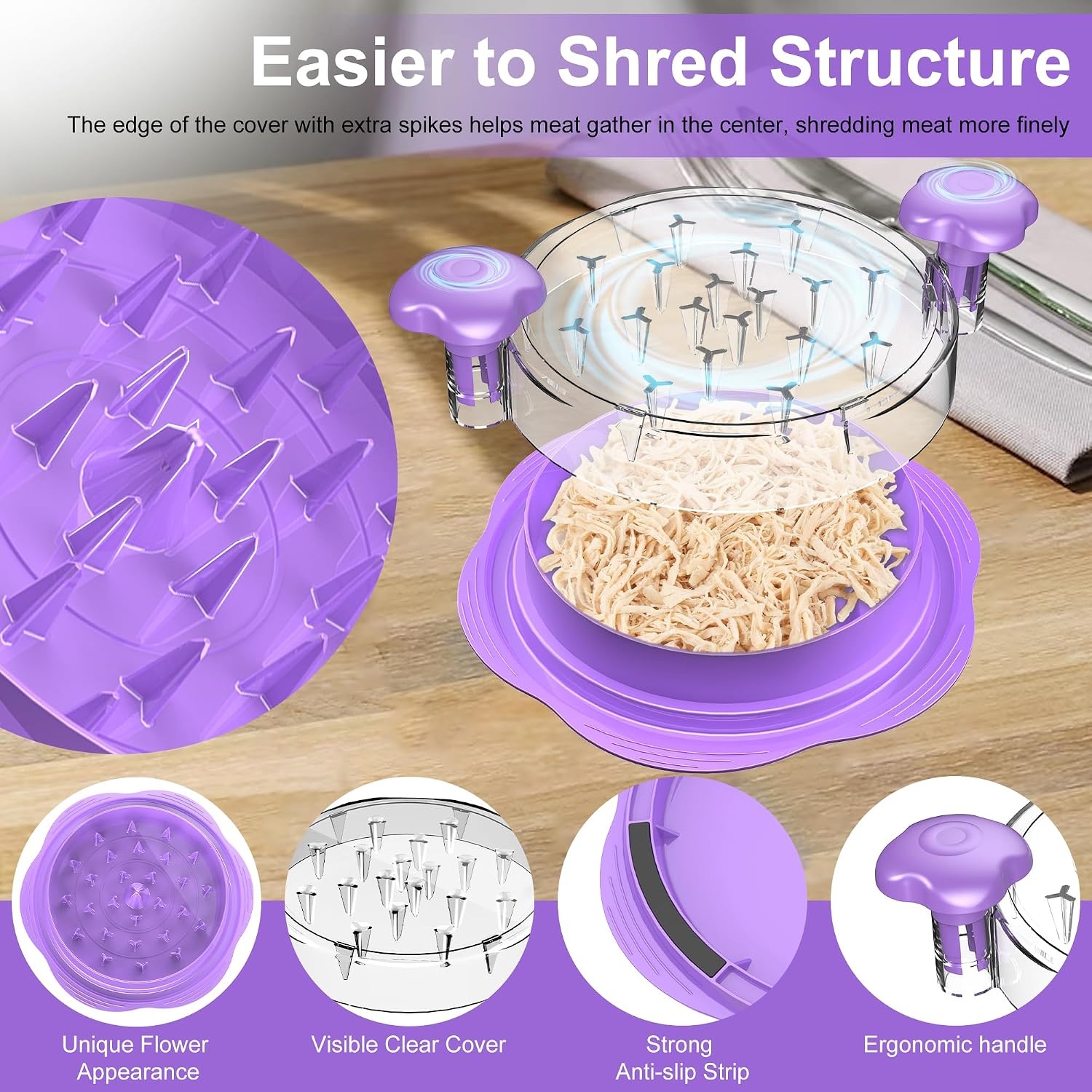 image:imageChicken Shredder Tool Twist Large Meat Shredder with BrushampFork BlackPurple