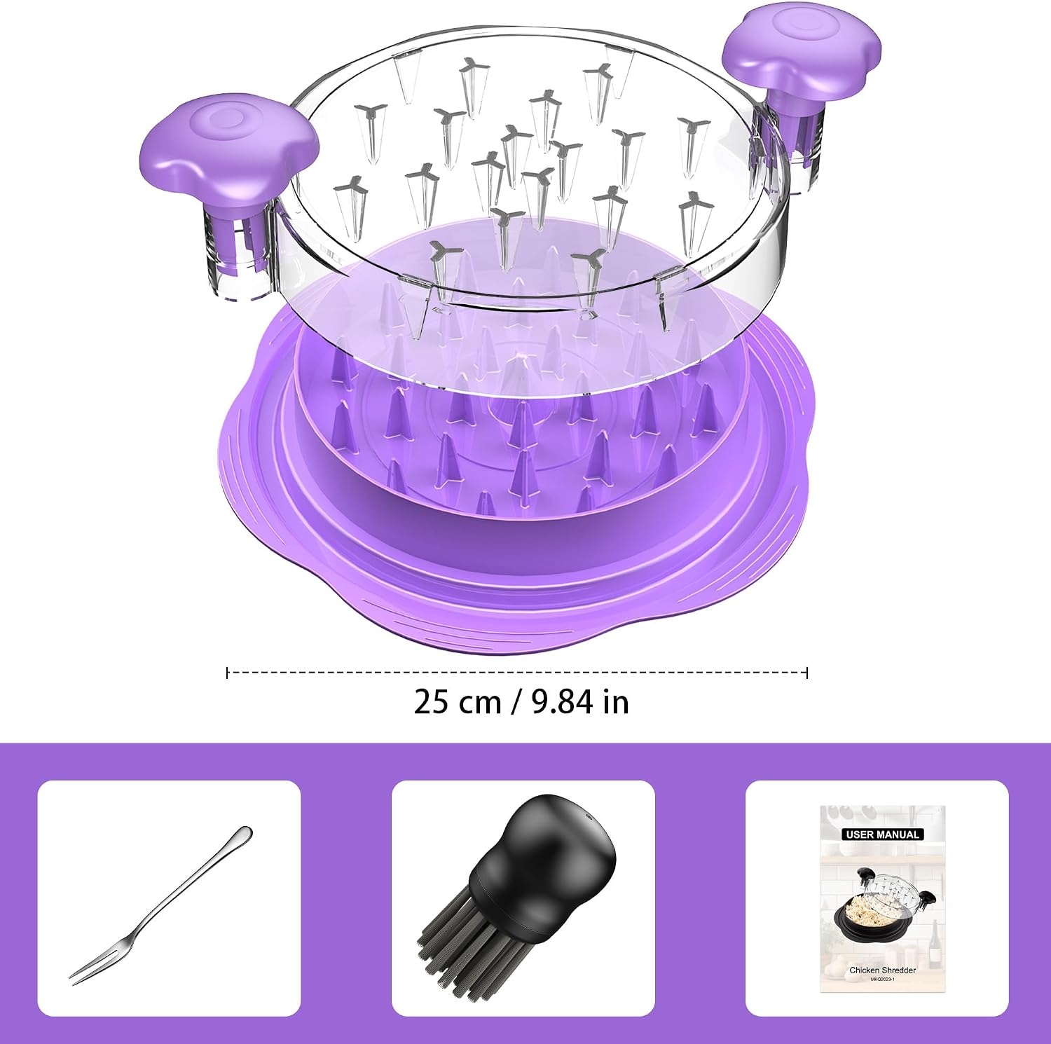 image:imageChicken Shredder Tool Twist Large Meat Shredder with BrushampFork BlackPurple