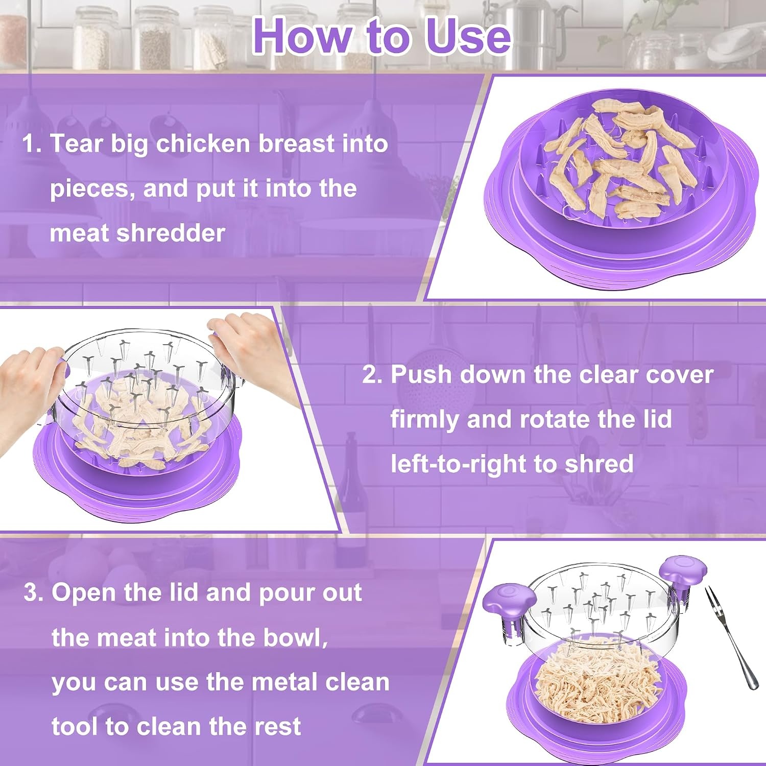 image:imageChicken Shredder Tool Twist Large Meat Shredder with BrushampFork BlackPurple