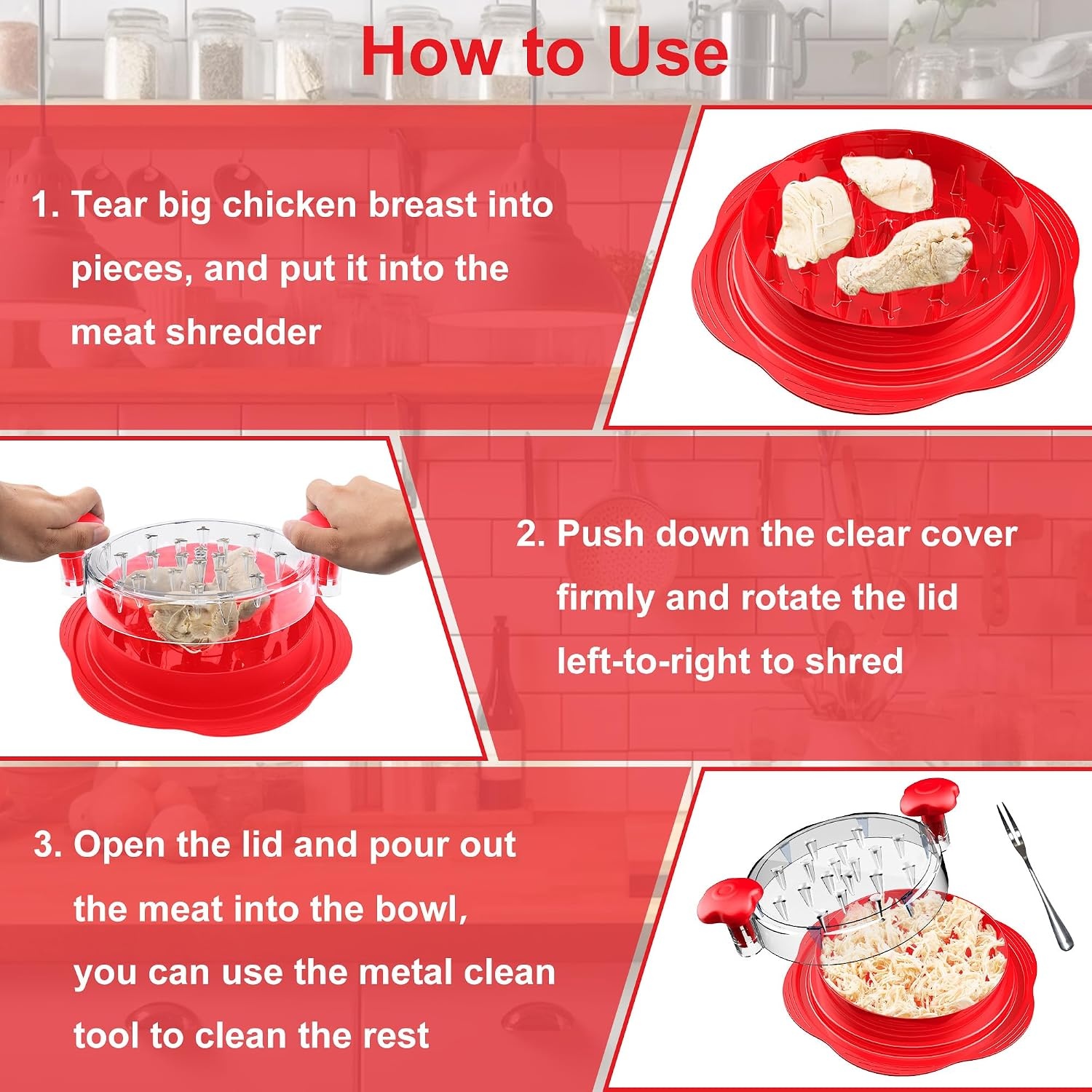 image:imageChicken Shredder Tool Twist Large Meat Shredder with BrushampFork BlackRed