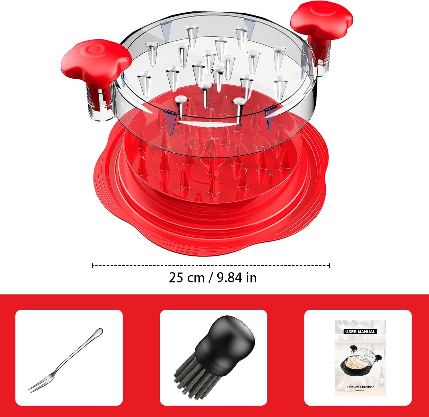 image:imageChicken Shredder Tool Twist Large Meat Shredder with BrushampFork BlackRed