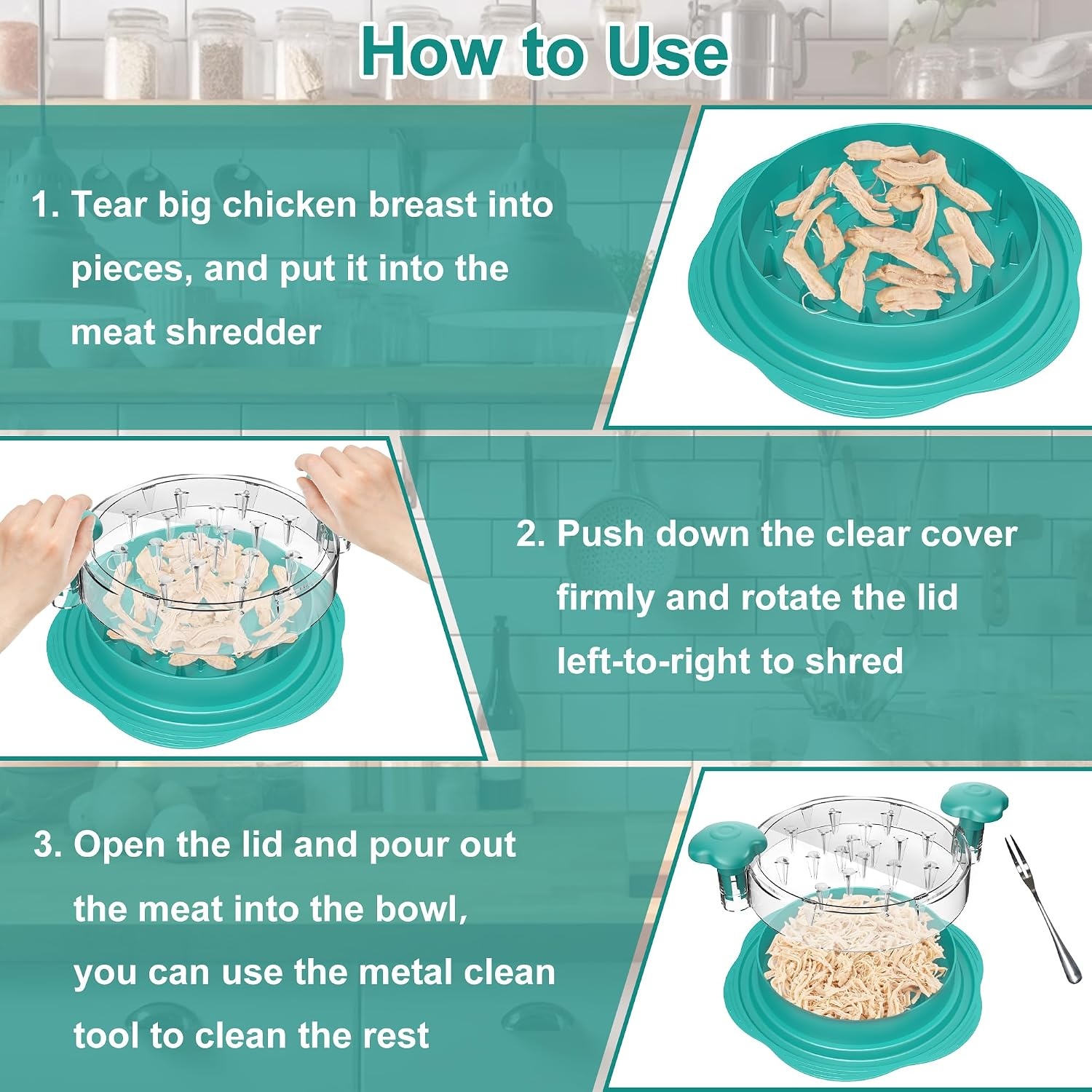 image:imageChicken Shredder Tool Twist Large Meat Shredder with BrushampFork BlackTeal