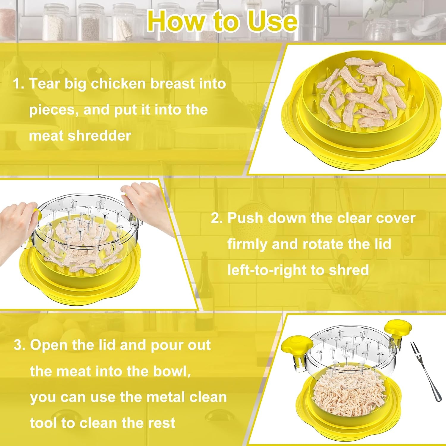 image:imageChicken Shredder Tool Twist Large Meat Shredder with BrushampFork BlackYellow