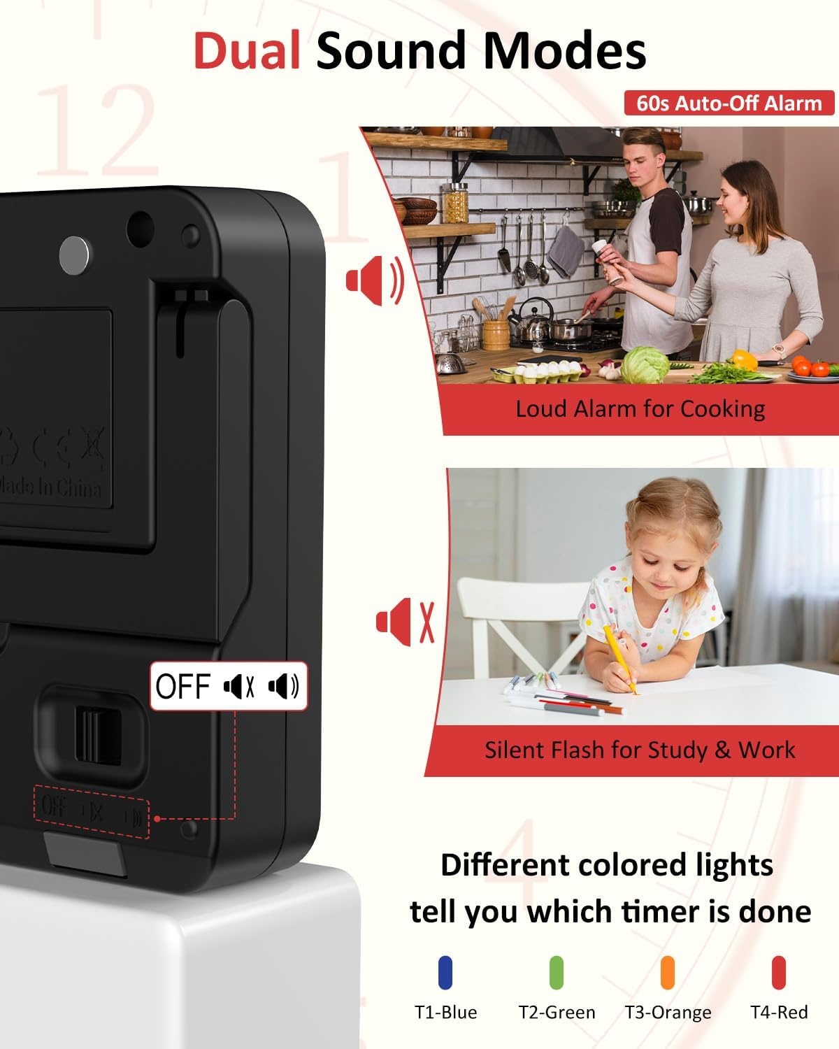 image:imageDigital Kitchen Timer with 4 Channel Loud Alarm and Silent ModeBlack