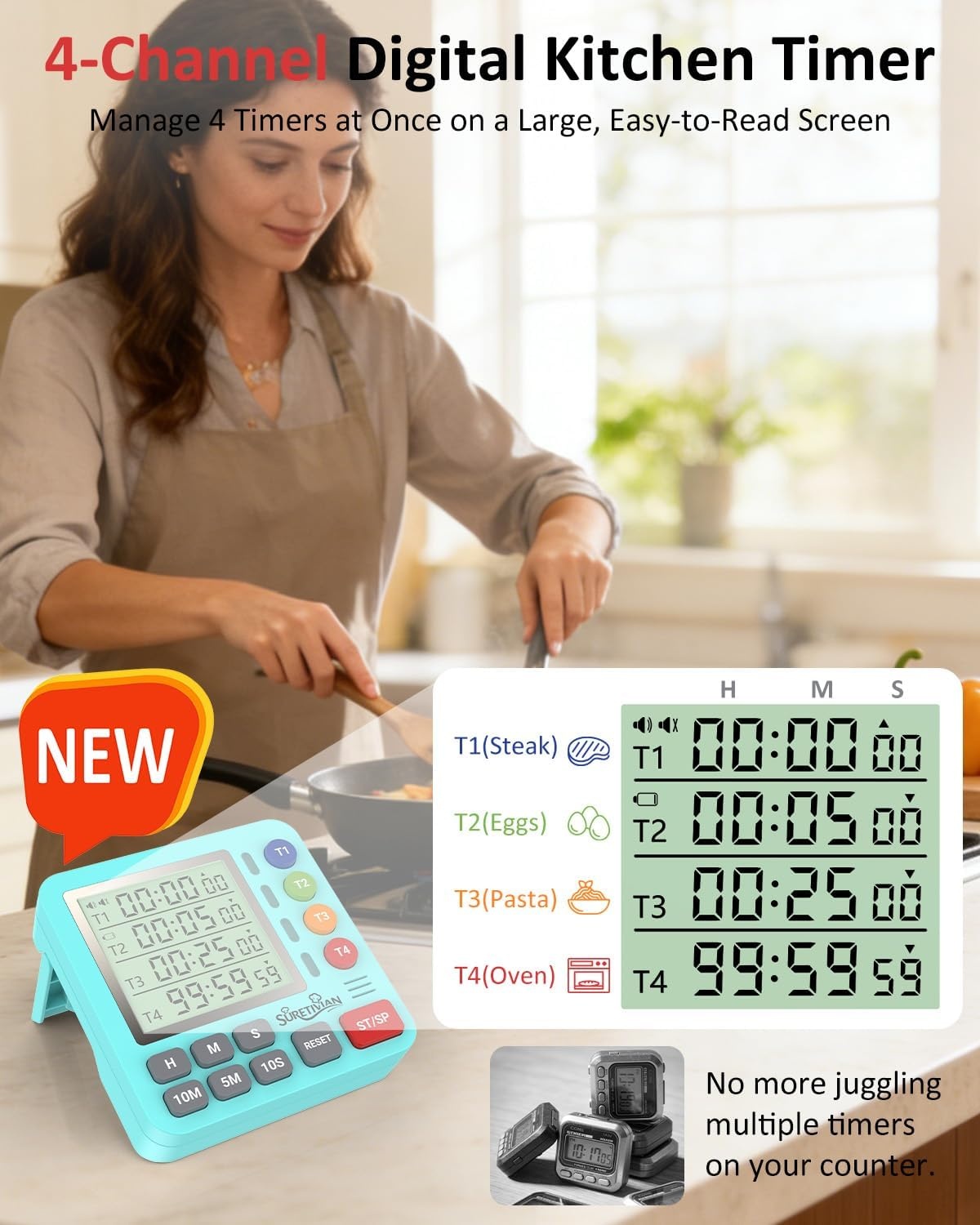 image:imageDigital Kitchen Timer with 4 Channel Loud Alarm and Silent ModeMint Green