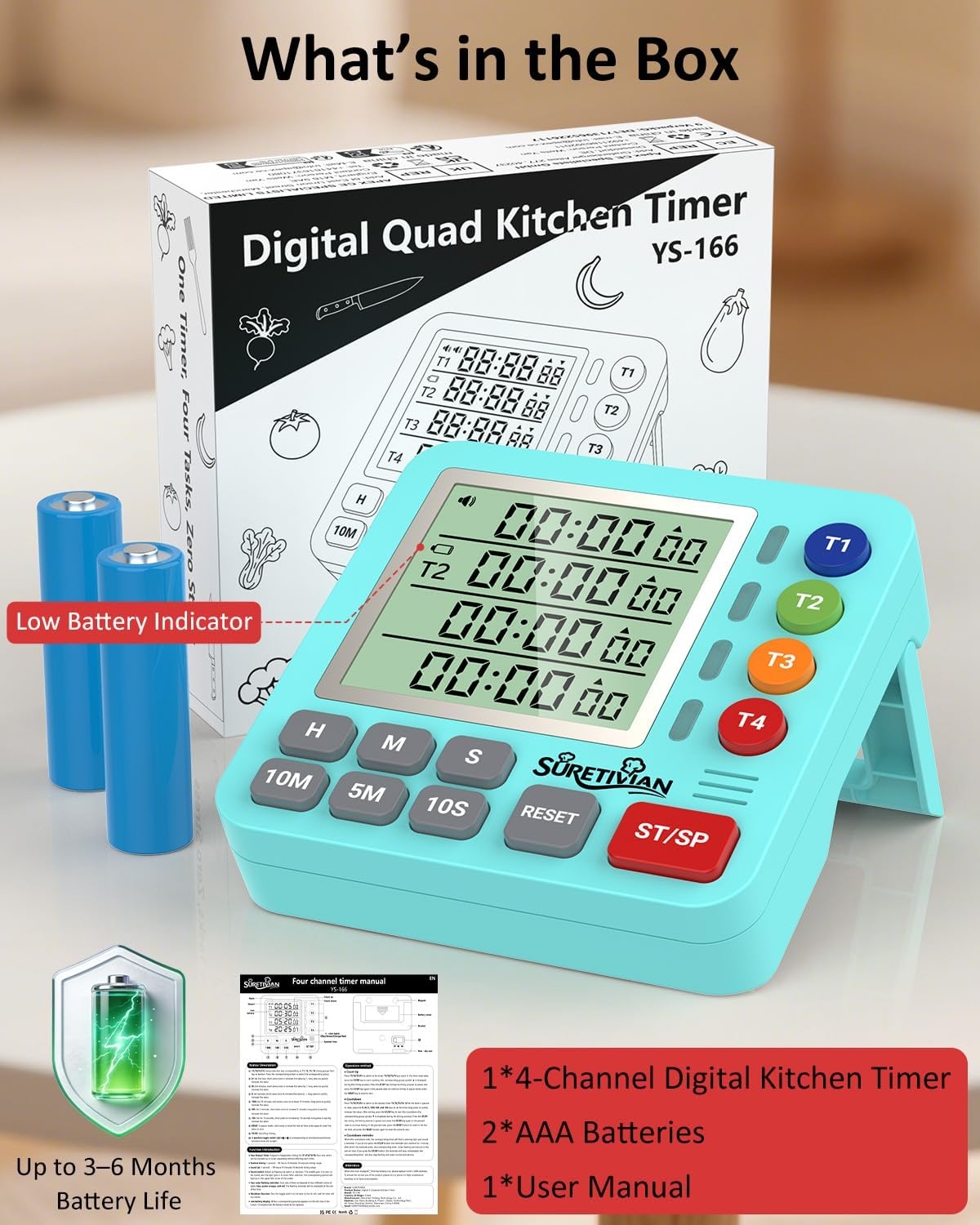 image:imageDigital Kitchen Timer with 4 Channel Loud Alarm and Silent ModeMint Green