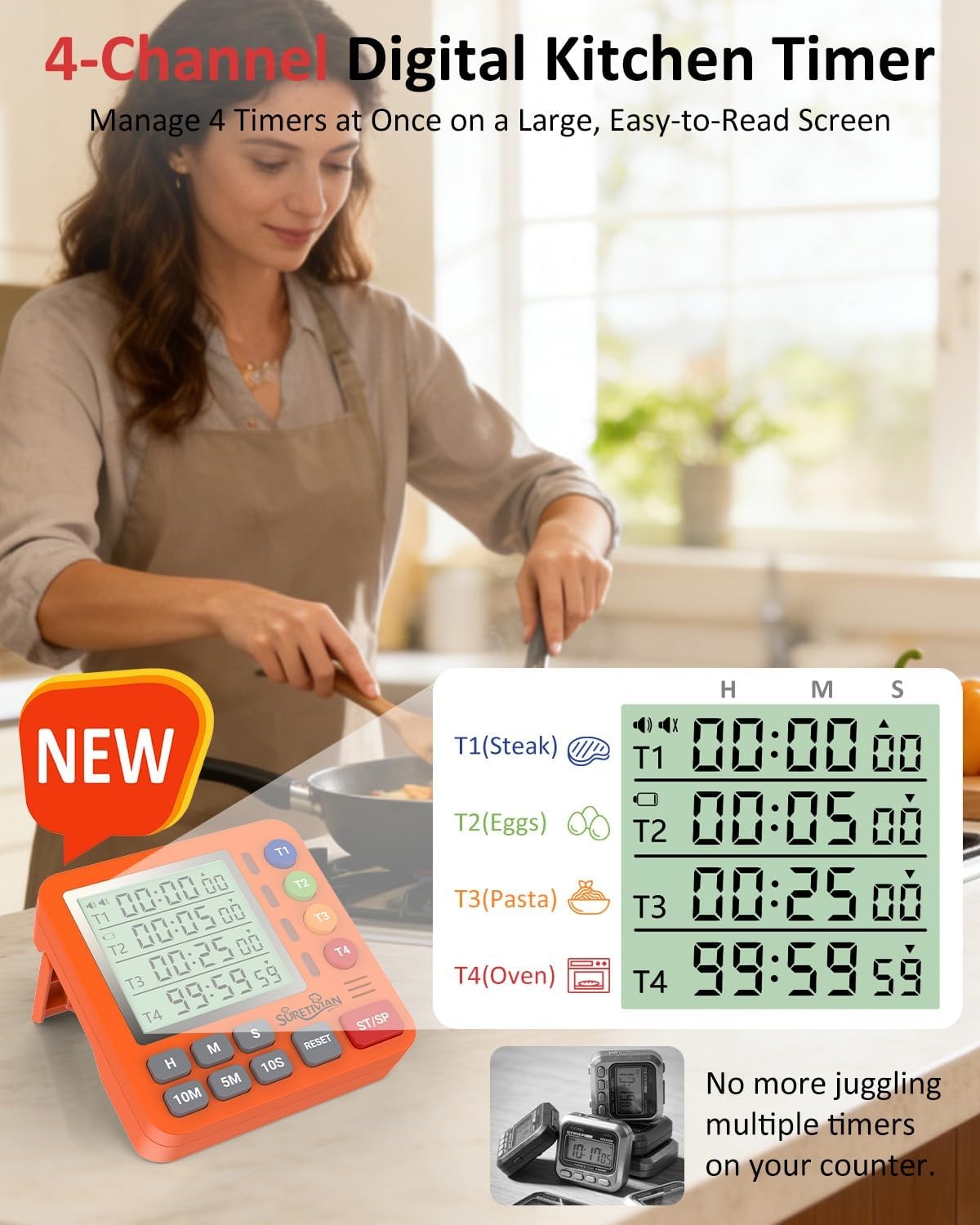 image:imageDigital Kitchen Timer with 4 Channel Loud Alarm and Silent ModeOrange