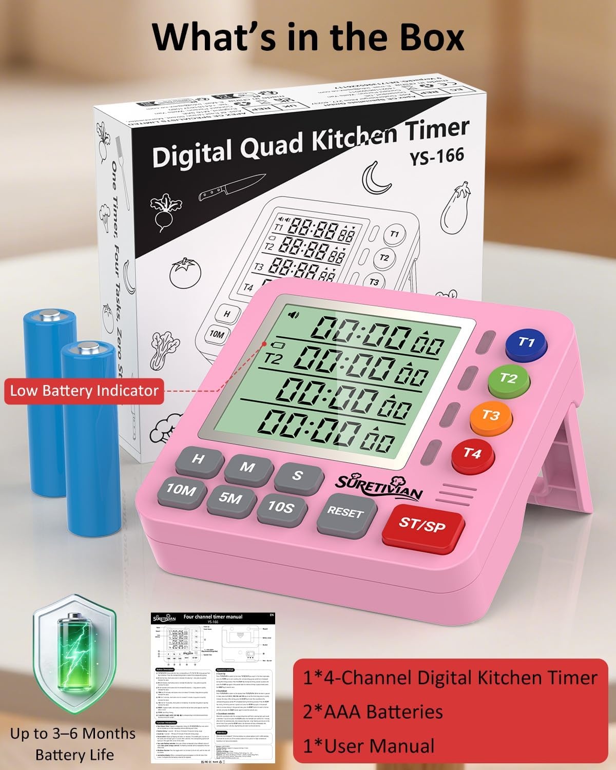 image:imageDigital Kitchen Timer with 4 Channel Loud Alarm and Silent ModePink