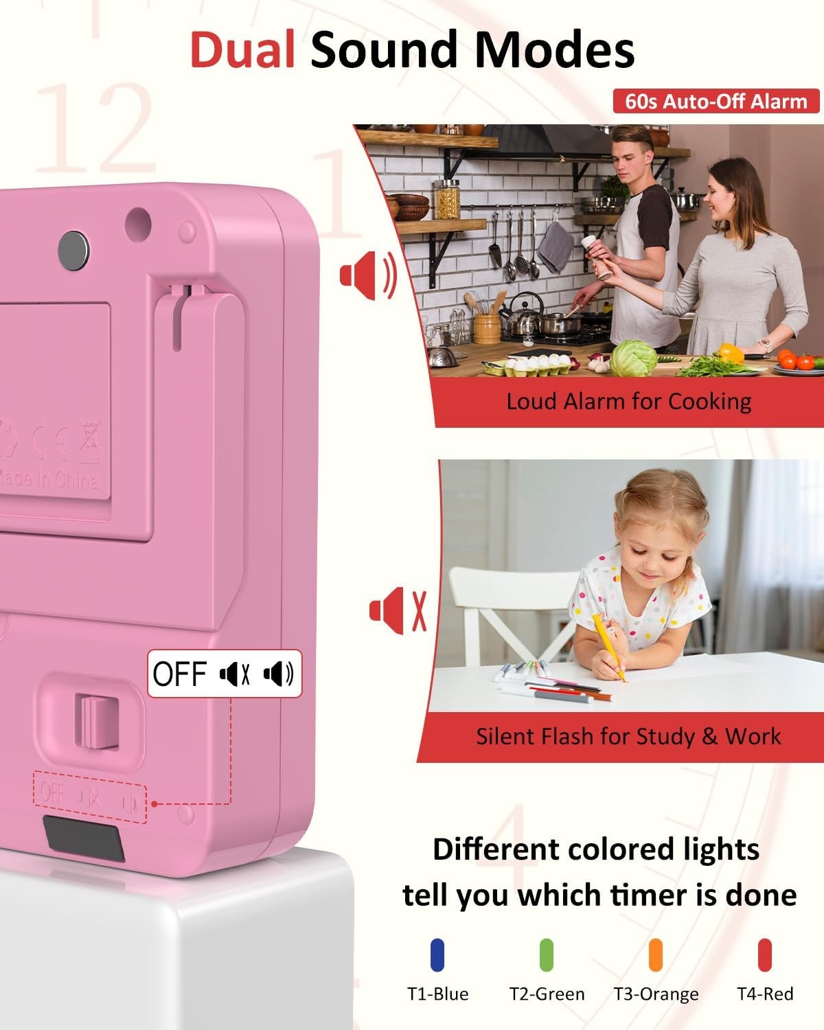 image:imageDigital Kitchen Timer with 4 Channel Loud Alarm and Silent ModePink