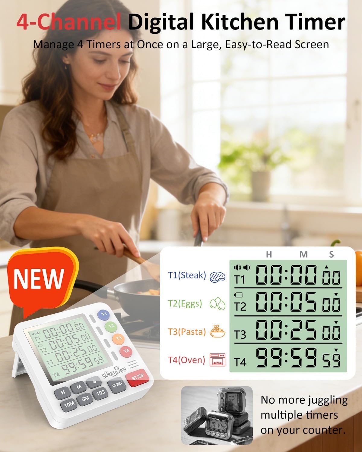 image:imageDigital Kitchen Timer with 4 Channel Loud Alarm and Silent ModeWhite