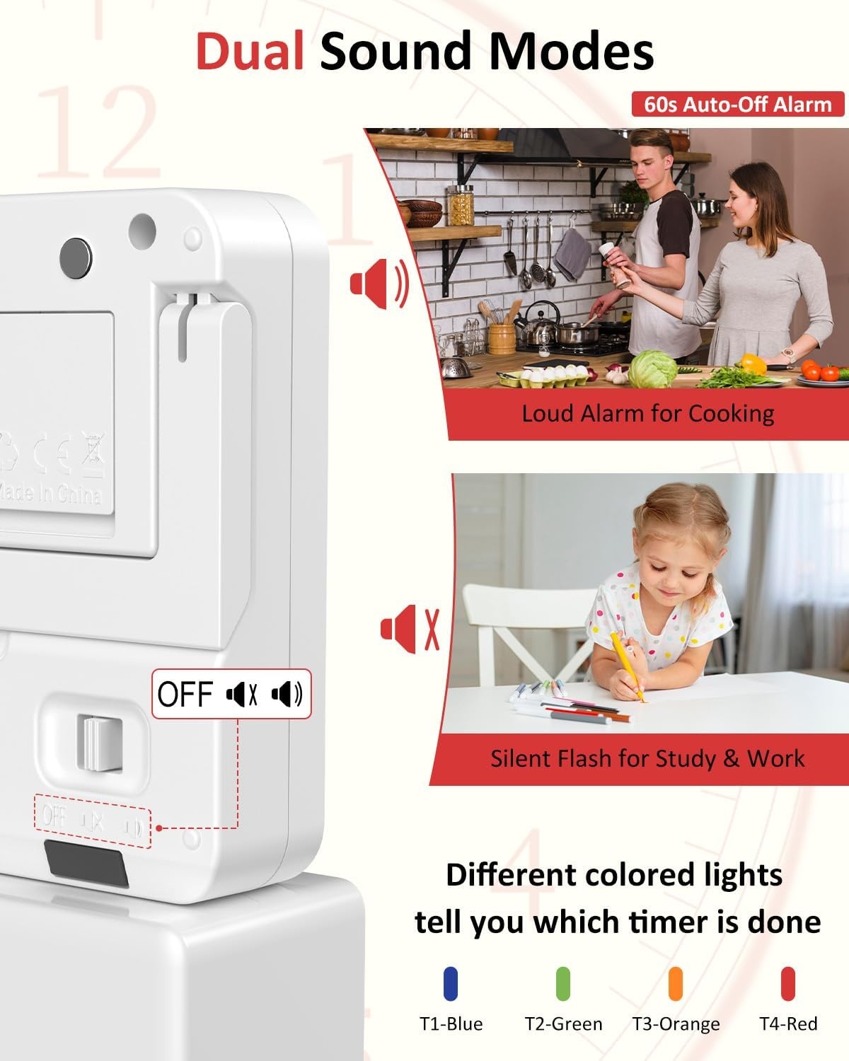 image:imageDigital Kitchen Timer with 4 Channel Loud Alarm and Silent ModeWhite