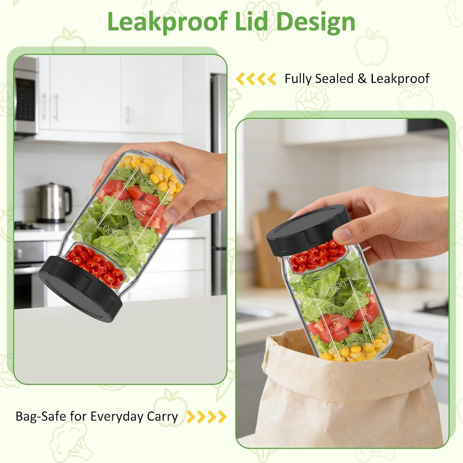 image:imageSURETIVIAN 4 Pack Glass Salad Mason Jars with Lids for Meal Prep 32ozBlack