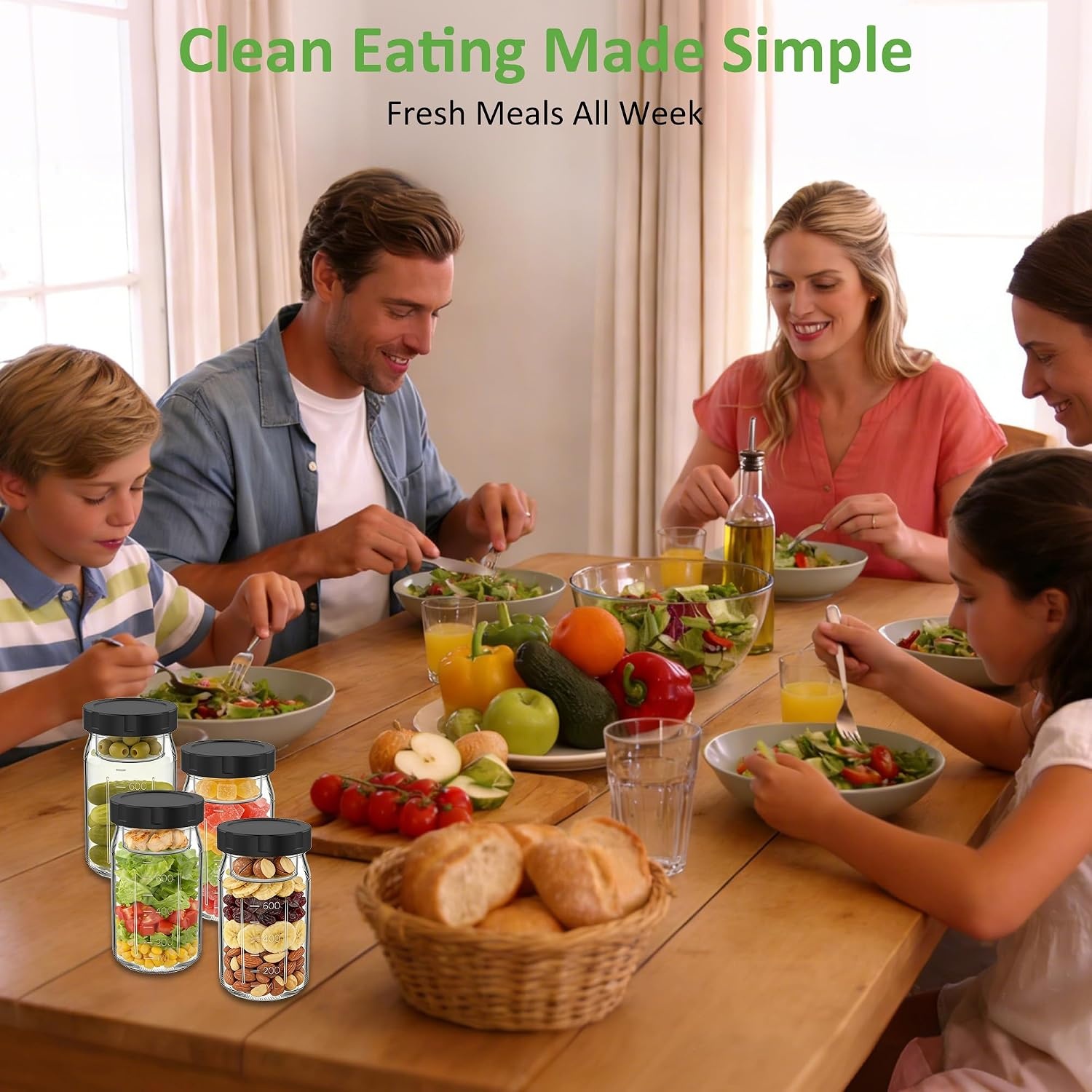 image:imageSURETIVIAN 4 Pack Glass Salad Mason Jars with Lids for Meal Prep 32ozBlack