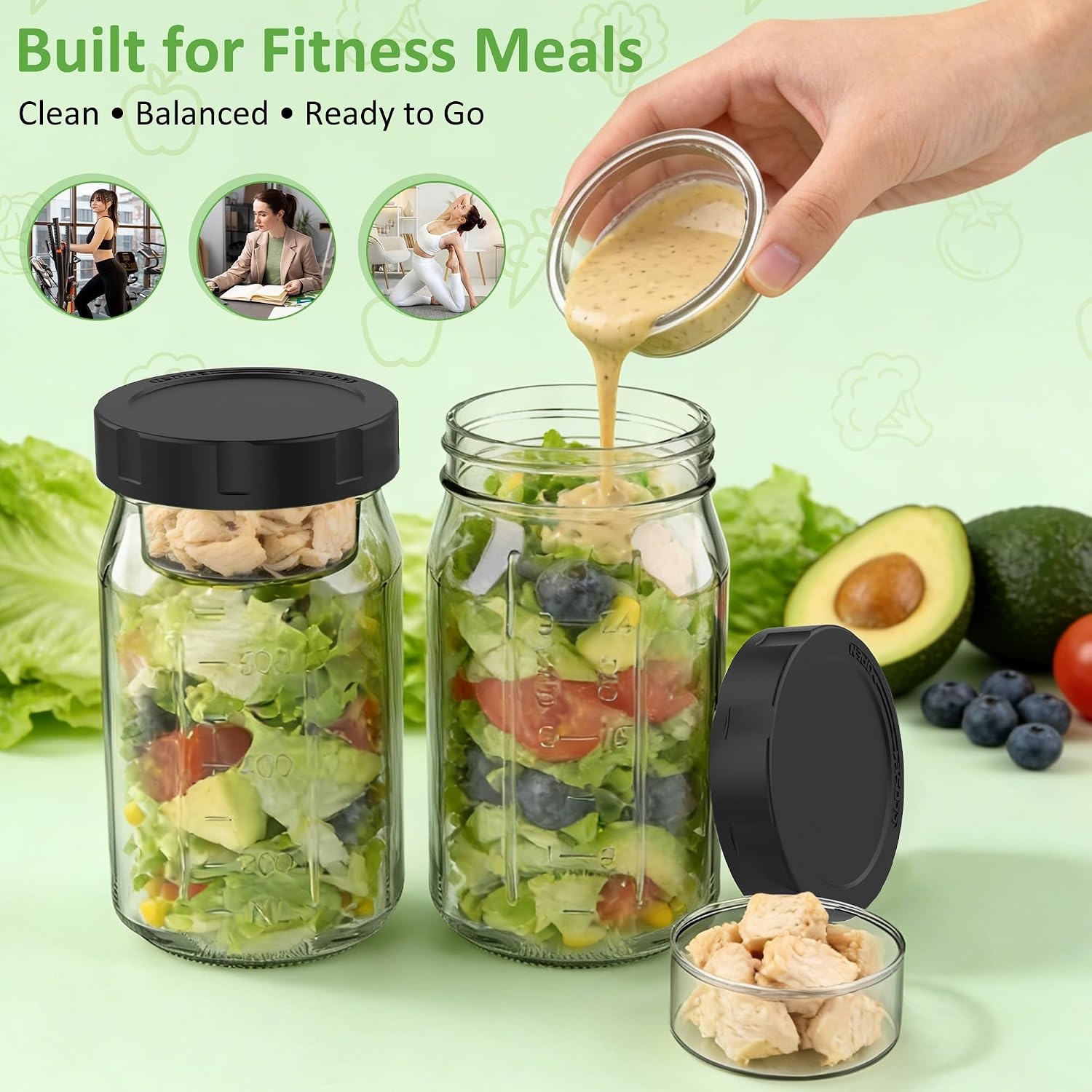 image:imageSURETIVIAN 4 Pack Glass Salad Mason Jars with Lids for Meal Prep 32ozBlack