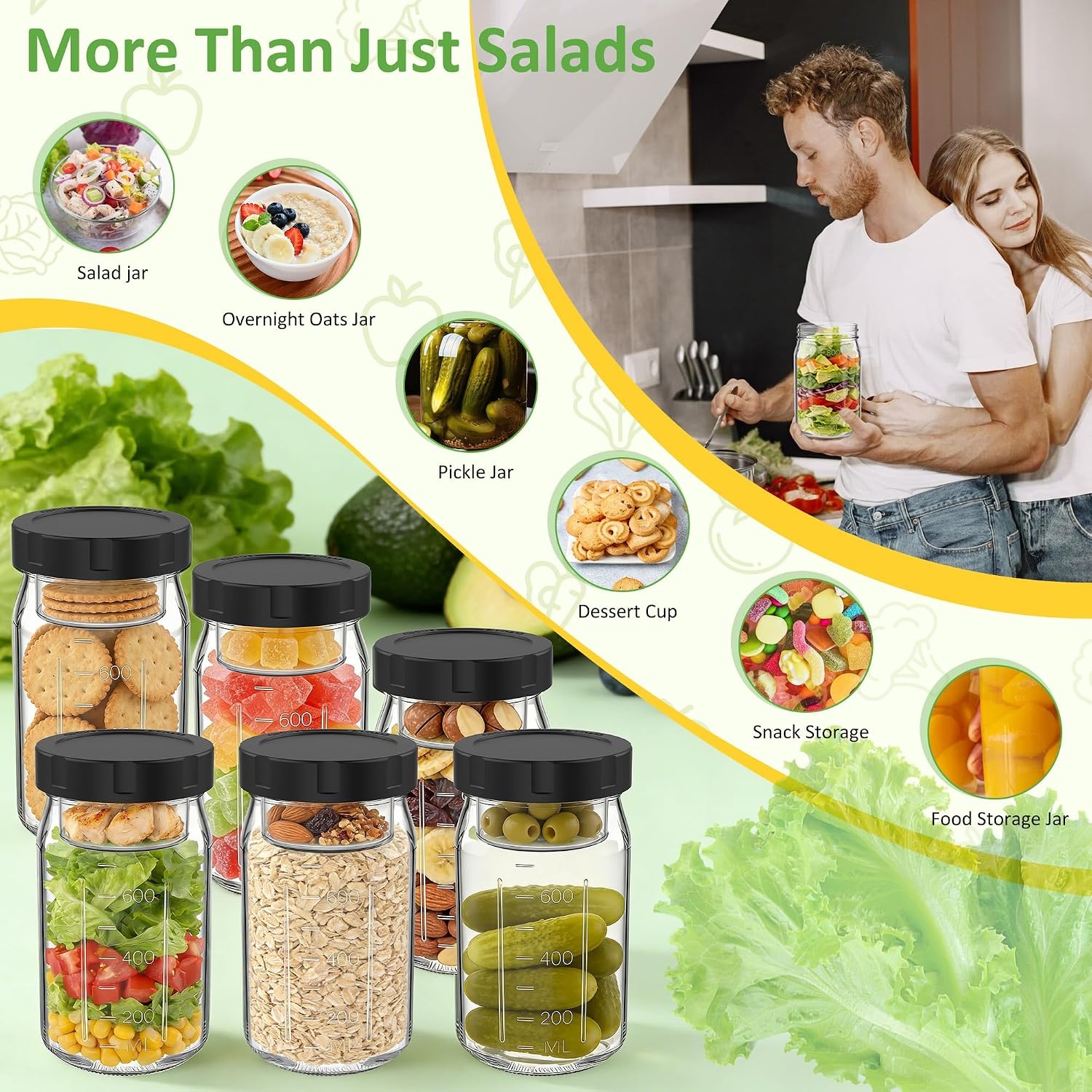 image:imageSURETIVIAN 4 Pack Glass Salad Mason Jars with Lids for Meal Prep 32ozBlack