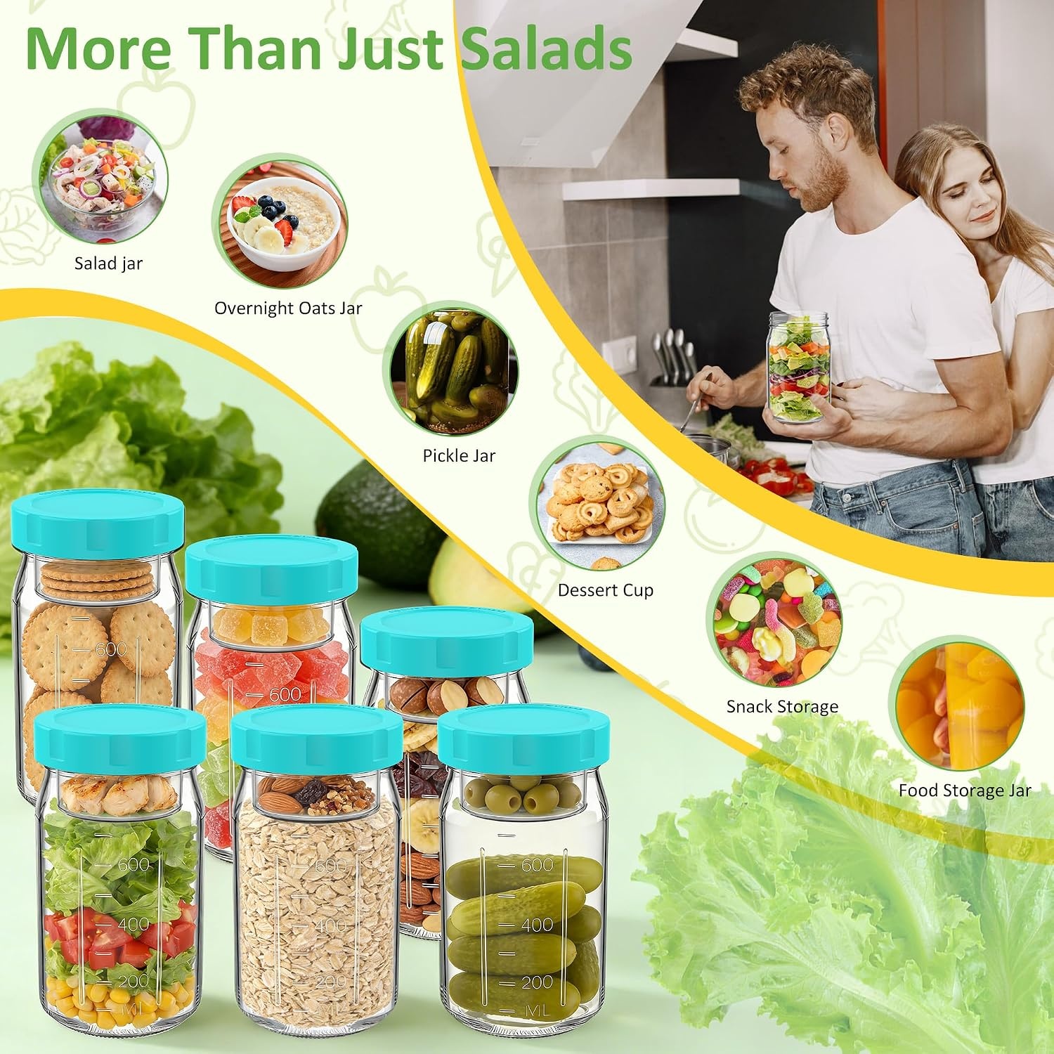 image:imageSURETIVIAN 4 Pack Glass Salad Mason Jars with Lids for Meal Prep 32ozMint Green