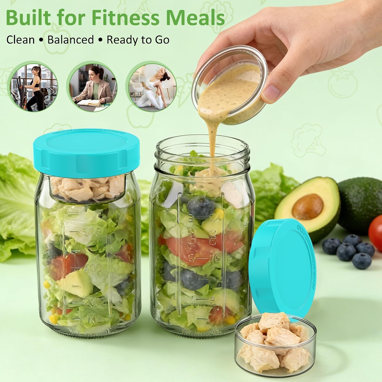 image:imageSURETIVIAN 4 Pack Glass Salad Mason Jars with Lids for Meal Prep 32ozMint Green