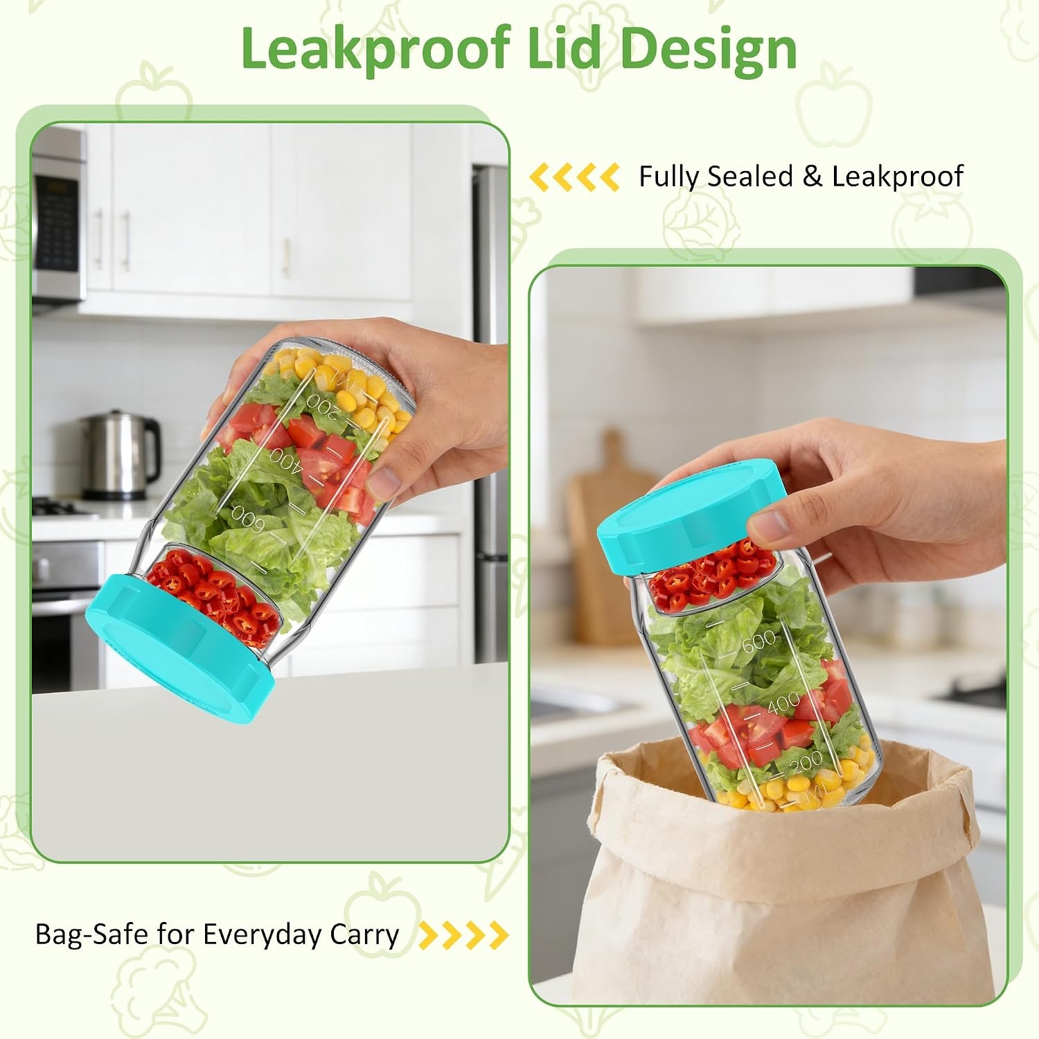 image:imageSURETIVIAN 4 Pack Glass Salad Mason Jars with Lids for Meal Prep 32ozMint Green
