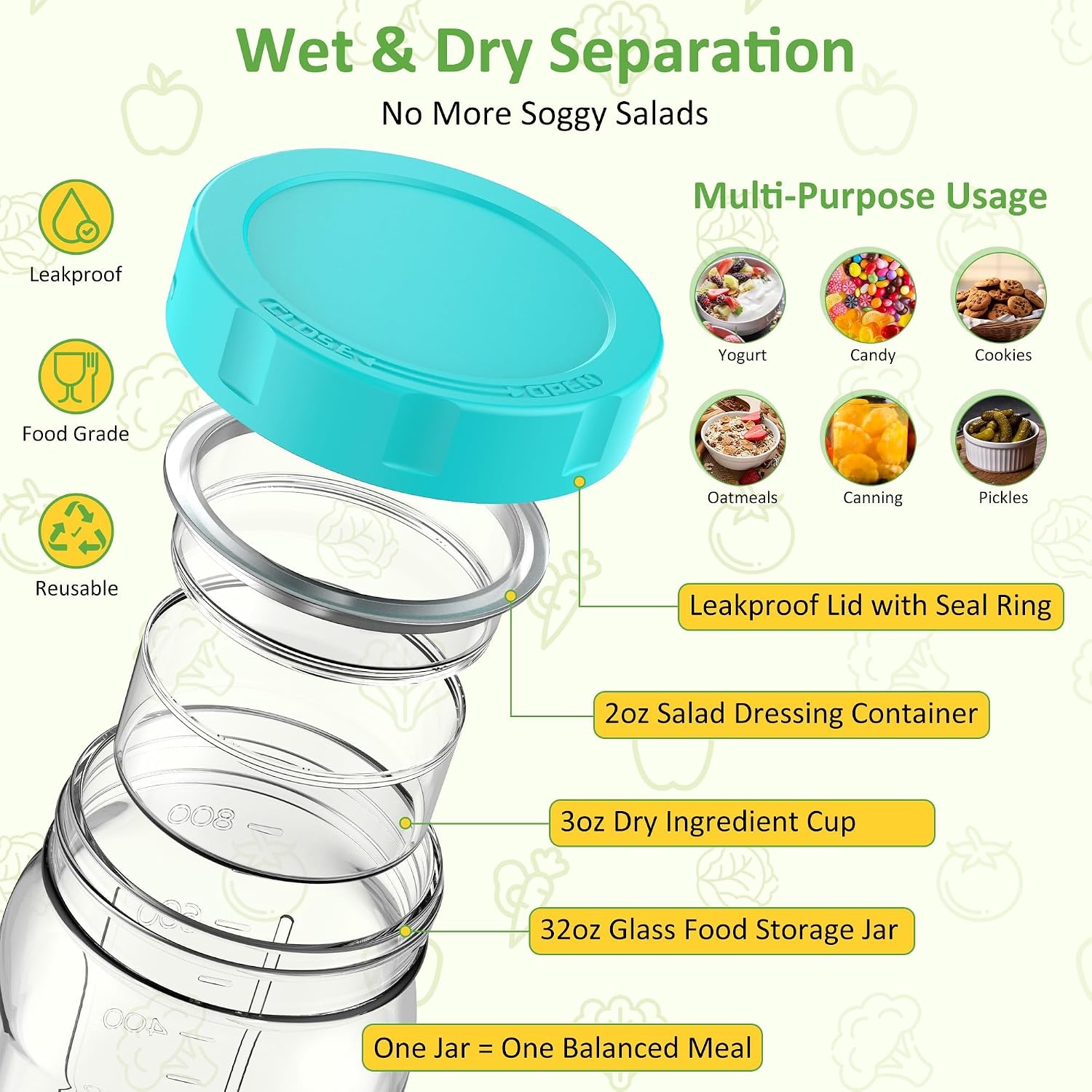 image:imageSURETIVIAN 4 Pack Glass Salad Mason Jars with Lids for Meal Prep 32ozMint Green