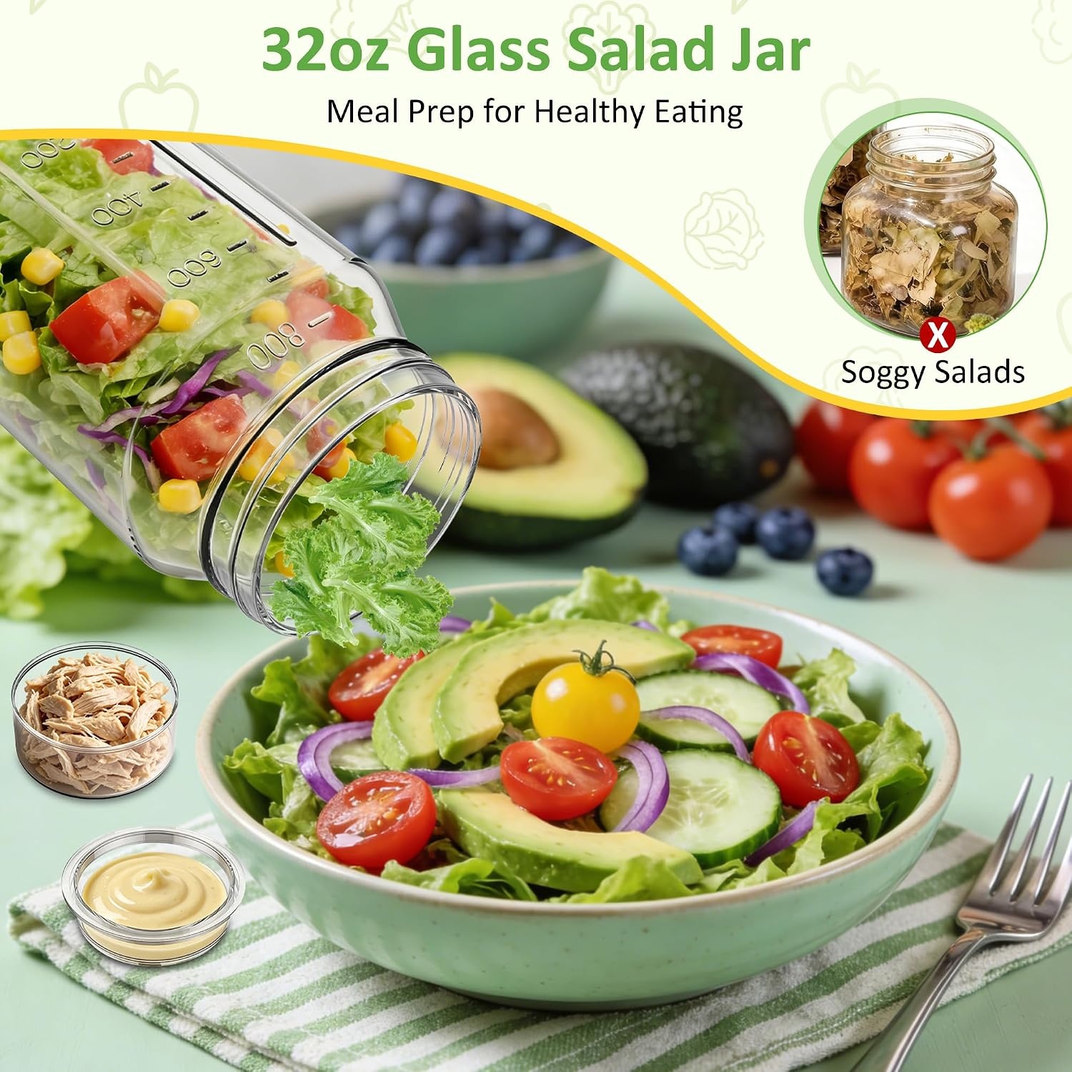 image:imageSURETIVIAN 4 Pack Glass Salad Mason Jars with Lids for Meal Prep 32ozMint Green