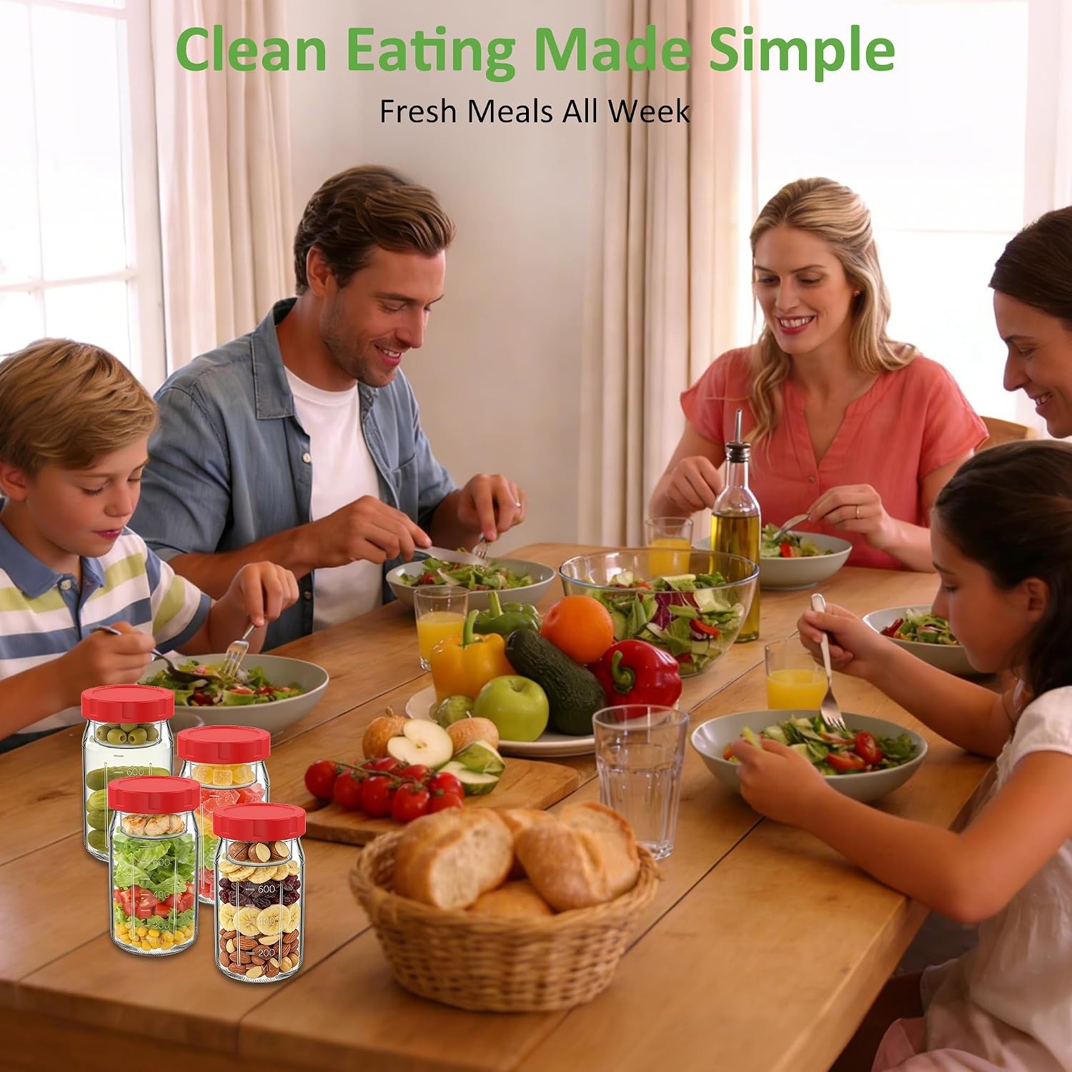image:imageSURETIVIAN 4 Pack Glass Salad Mason Jars with Lids for Meal Prep 32ozRed