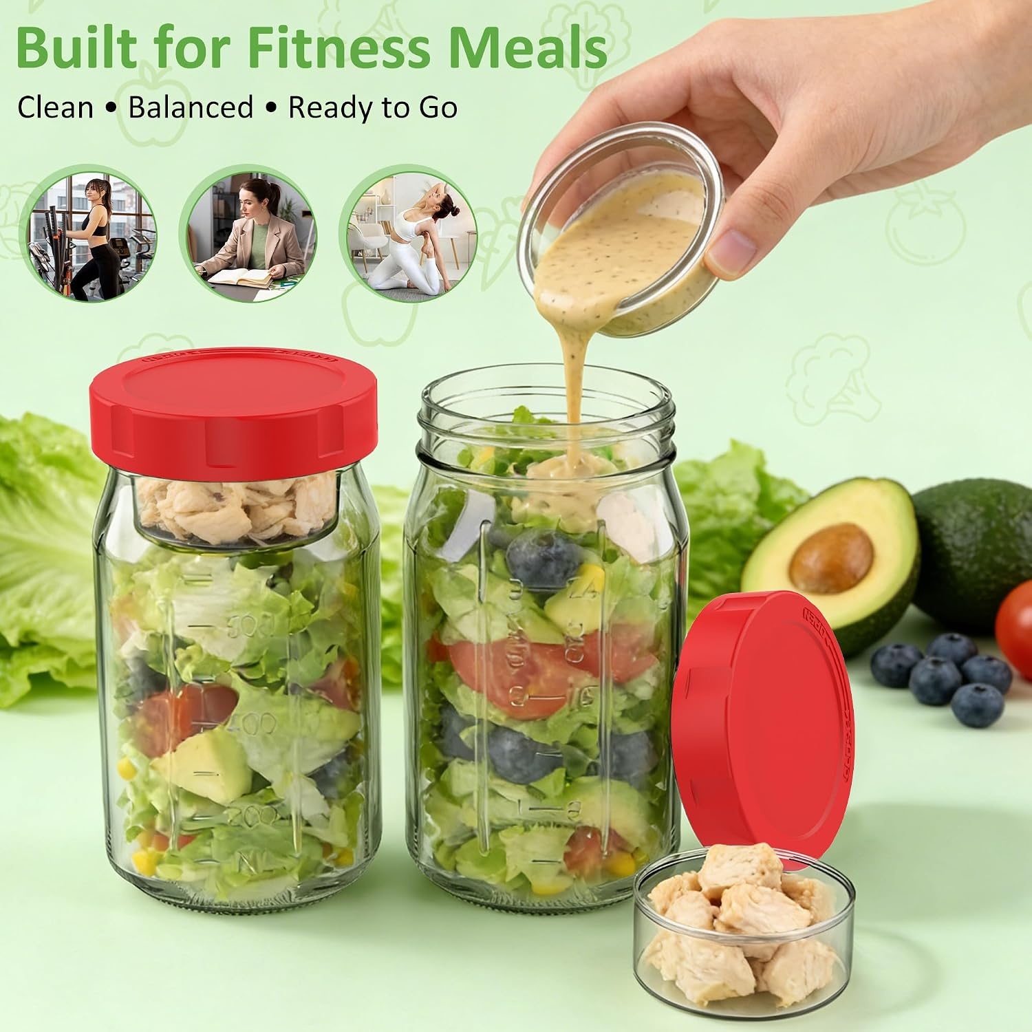 image:imageSURETIVIAN 4 Pack Glass Salad Mason Jars with Lids for Meal Prep 32ozRed