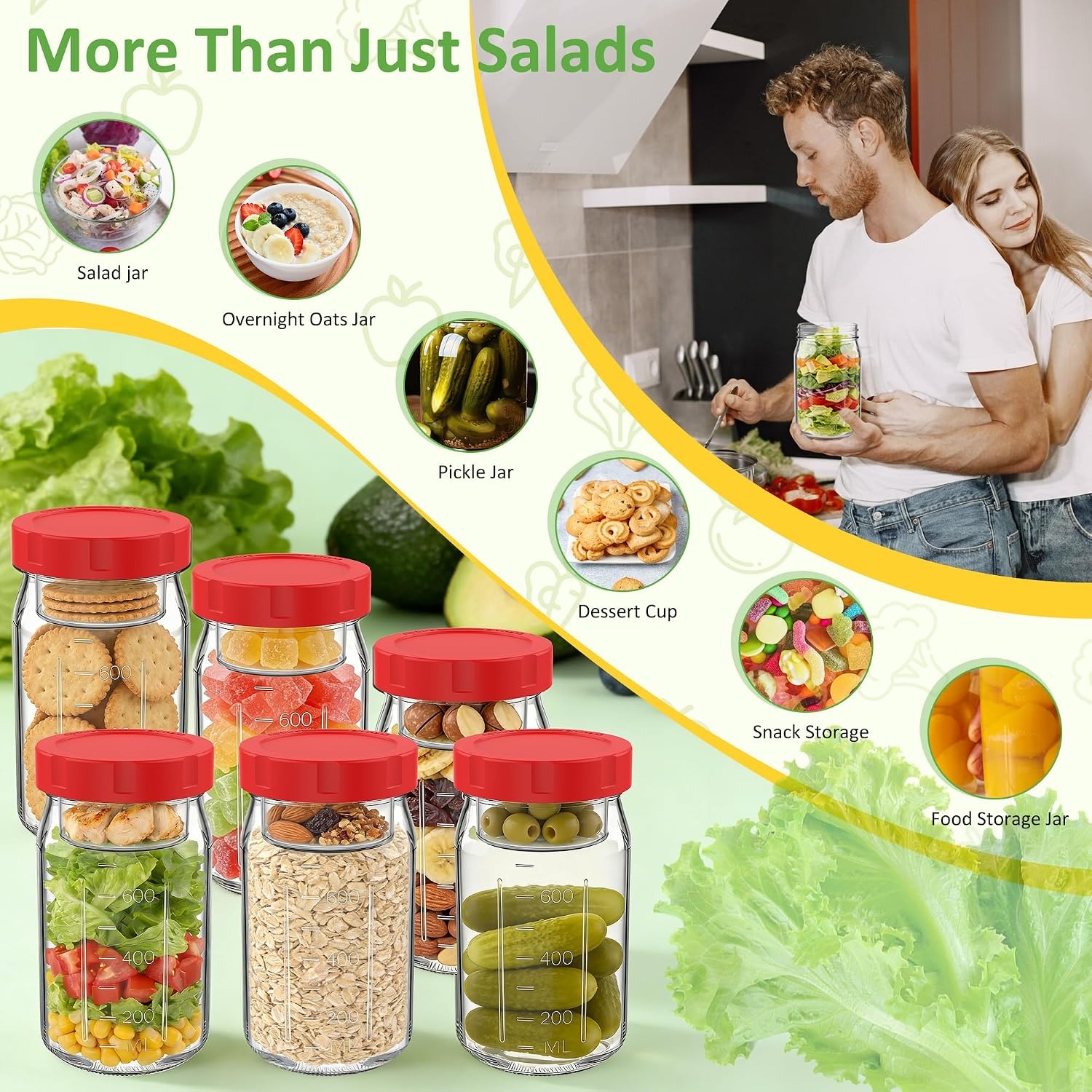 image:imageSURETIVIAN 4 Pack Glass Salad Mason Jars with Lids for Meal Prep 32ozRed