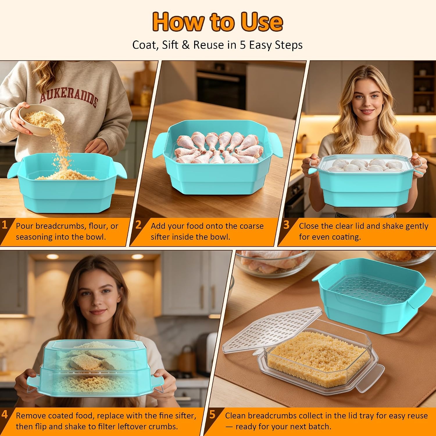 image:imageXL Batter Bowl with Lid1011Qt DualSifter Breading Bowl Shaker for FryingMintGreen