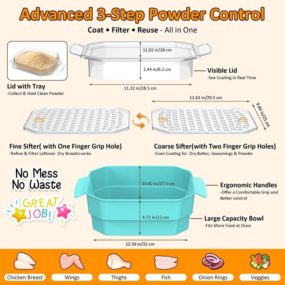 image:imageXL Batter Bowl with Lid1011Qt DualSifter Breading Bowl Shaker for FryingMintGreen