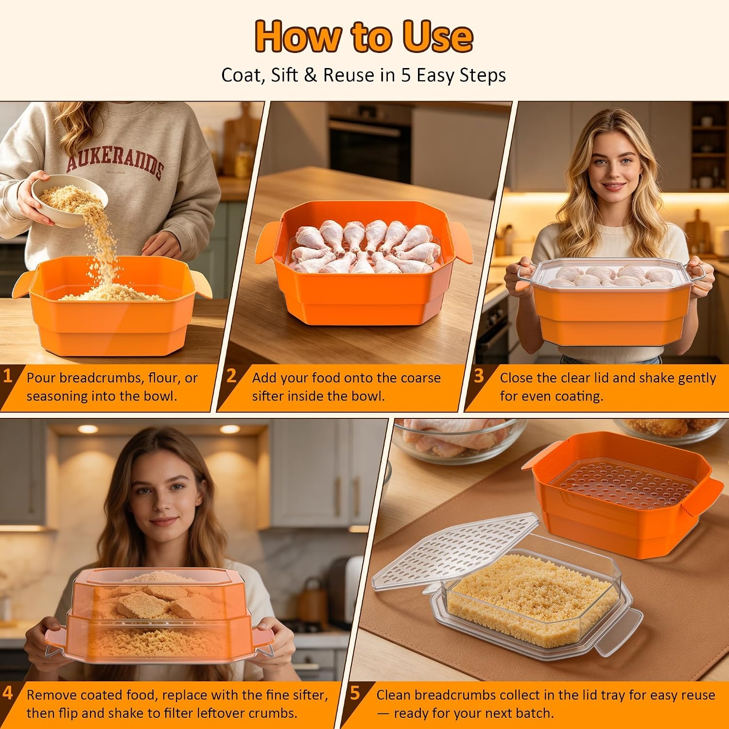 image:imageXL Batter Bowl with Lid1011Qt DualSifter Breading Bowl Shaker for FryingOrange