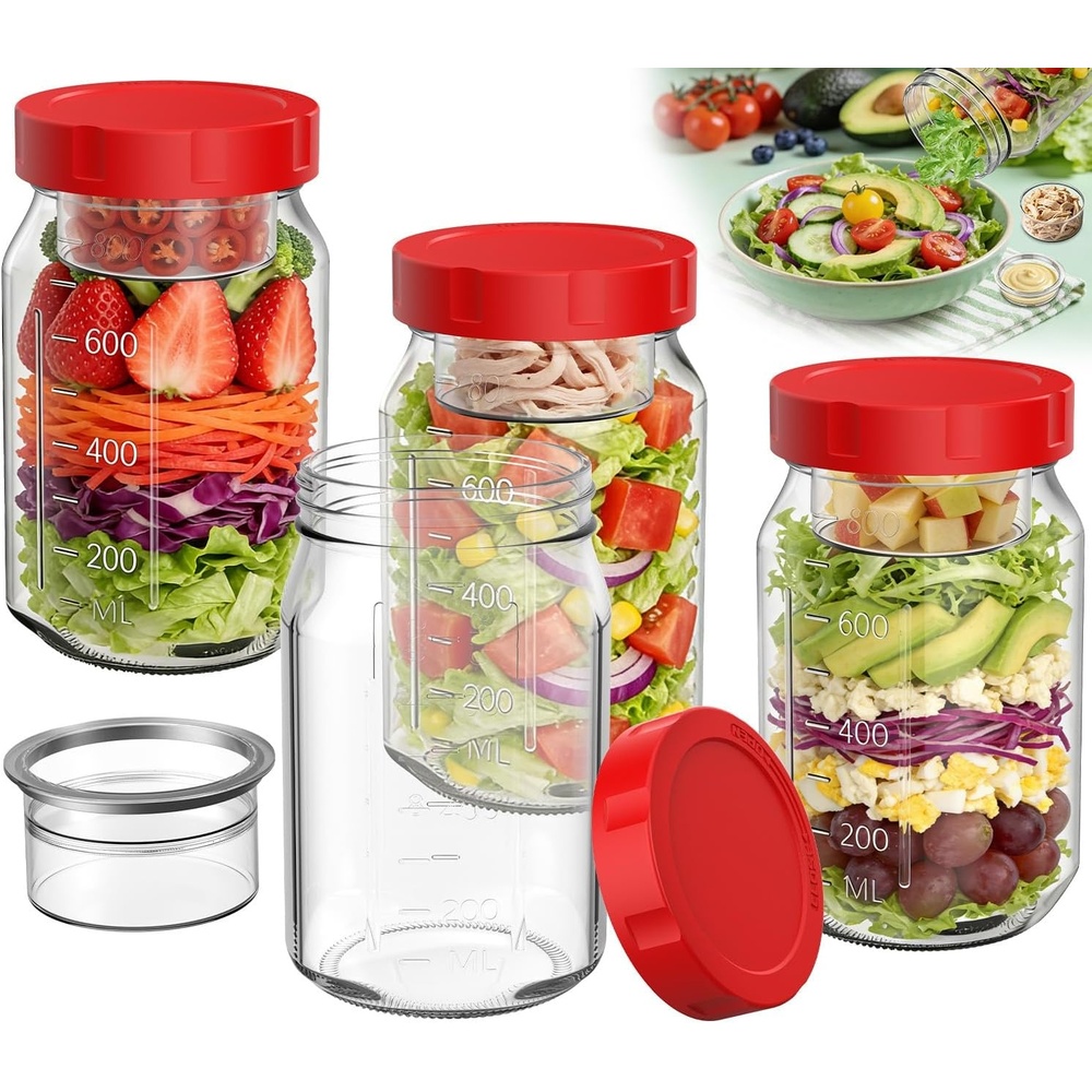 image:imageSURETIVIAN 4 Pack Glass Salad Mason Jars with Lids for Meal Prep 32ozRed